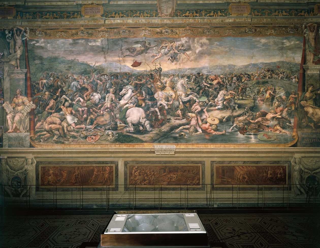 Raffaello Sanzio (1483-1520) és követői (1517-1524) freskója, amely a Ponte Milvio-i csatát ábrázolja, Sala di Costantino, Vatikáni szobák, Vatikáni Palota, Vatikán. alkotó: Raphael