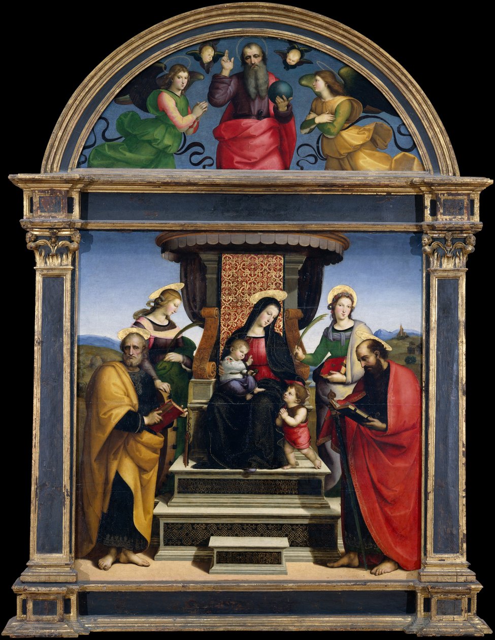 Madonna és a szentekkel trónoló gyermek, 1504 körül (olaj és arany fán) alkotó: Raphael