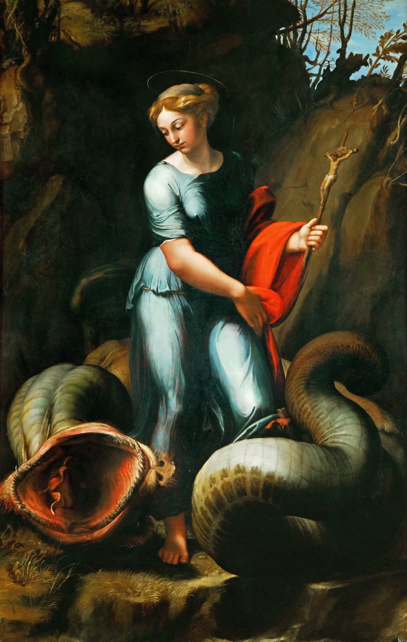 Pisidiai Antiochiai Margit (vagy Saint Marine, Marina) (meghalt 305 körül) - Szent Margit - Raffael (Raffaello Sanzio da Urbino) (1483-1520). Olaj, fa, kb 1518. Mérete: 191,3x123 cm. Művészettörténeti Múzeum, Bécs alkotó: Raphael
