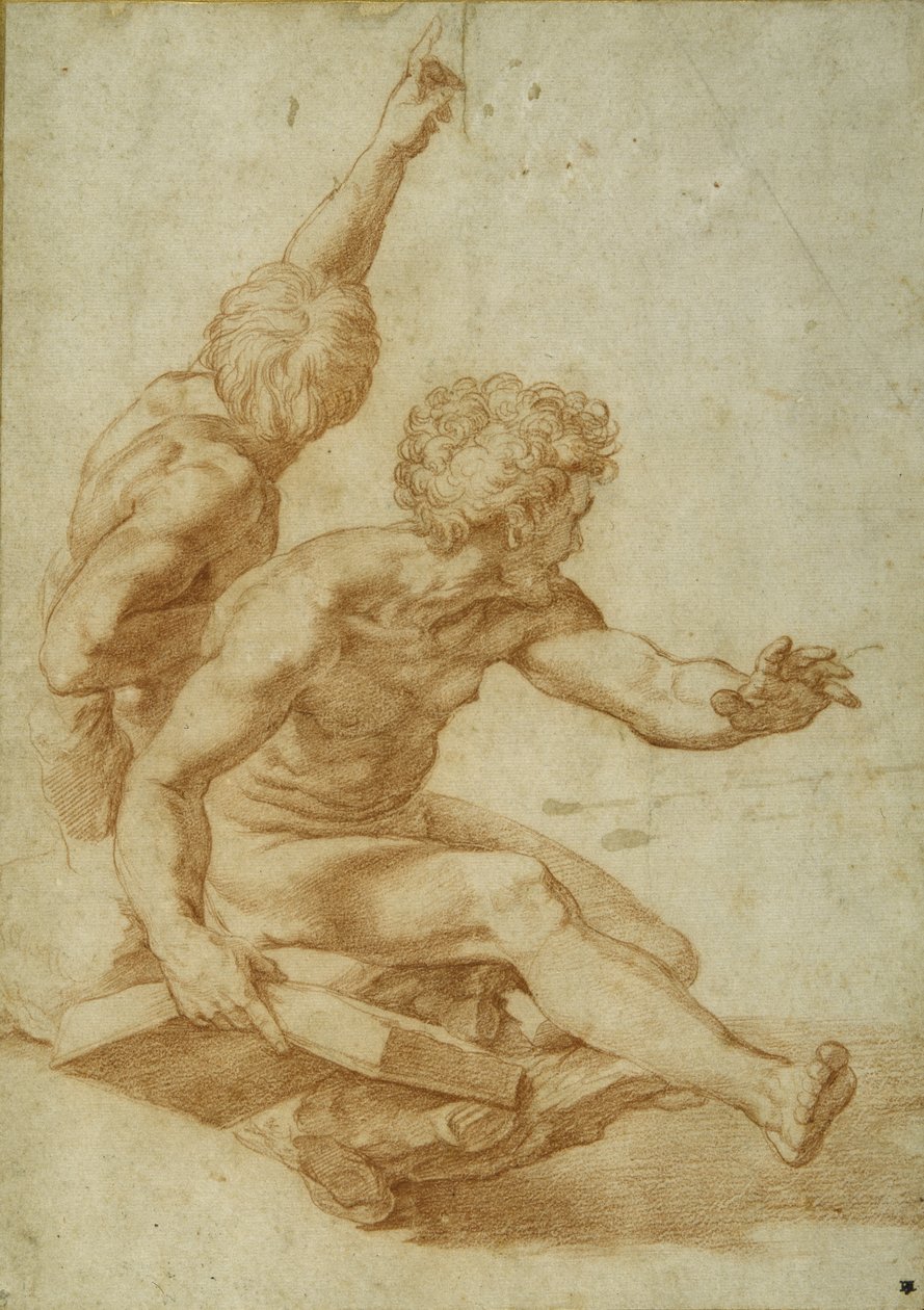Akttanulmányok Szent Andrásnak és egy másik apostolnak a „The Transfiguration” című filmben, 1517 körül (piros kréta ceruzával, krémpapíron) alkotó: Raphael