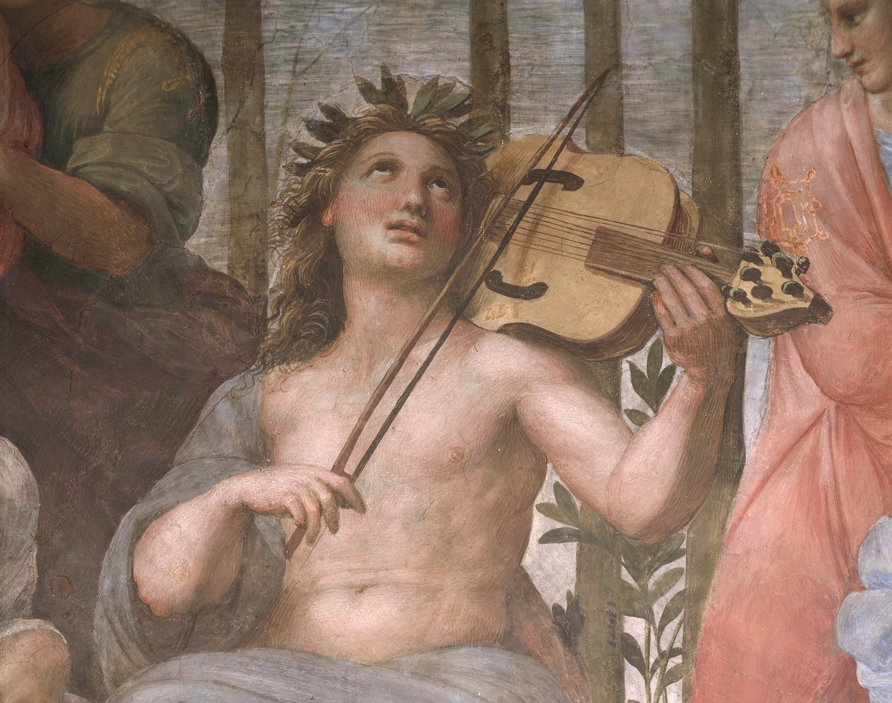 Parnasszus, Apollo viola da braccián játszó részlete, a Stanza della Segnaturából alkotó: Raphael