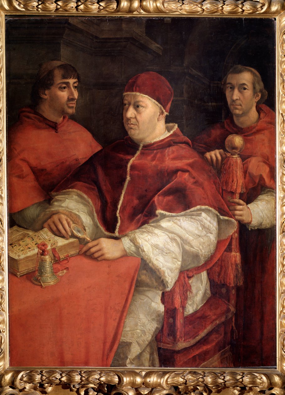X. Leó pápa portréja Louis de Rossi bíborossal és Giulio de Medicivel – olaj, fa alkotó: Raphael