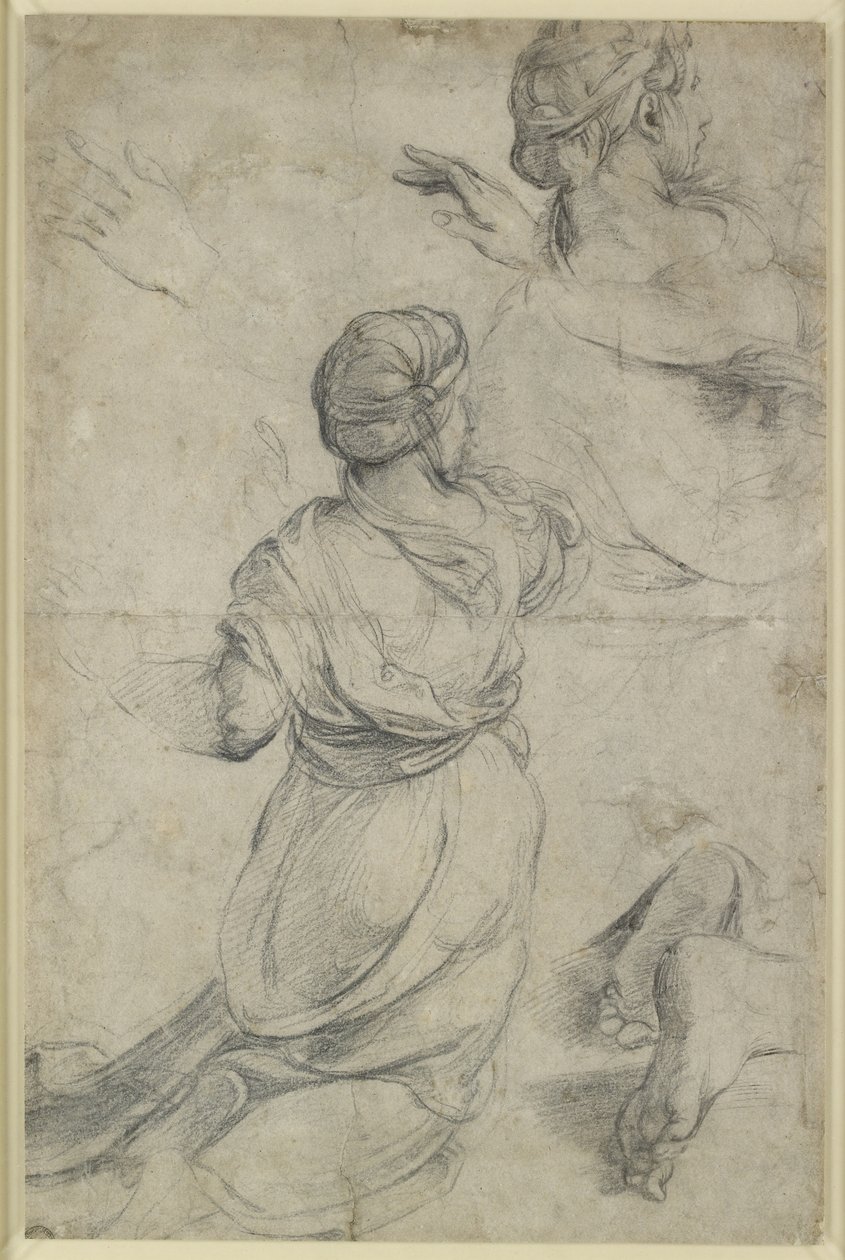 Recto: Tanulmányok két térdelő nő számára, WA1846.198 (fekete kréta) alkotó: Raphael