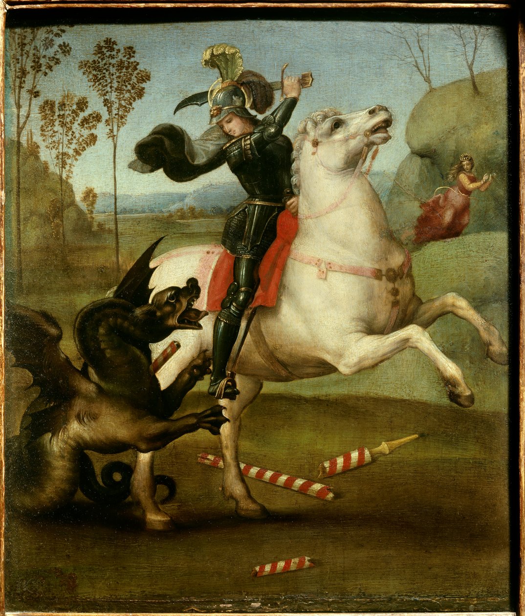Szent György harc a sárkánnyal Rafael (1483-1520/olasz) Olaj, fatábla – „” Szent György küzd a sárkánnyal””” Raffaello Sanzio (Raphael) festménye (1483-1520) 1505 V. sz. 0,29x0,25 m alkotó: Raphael