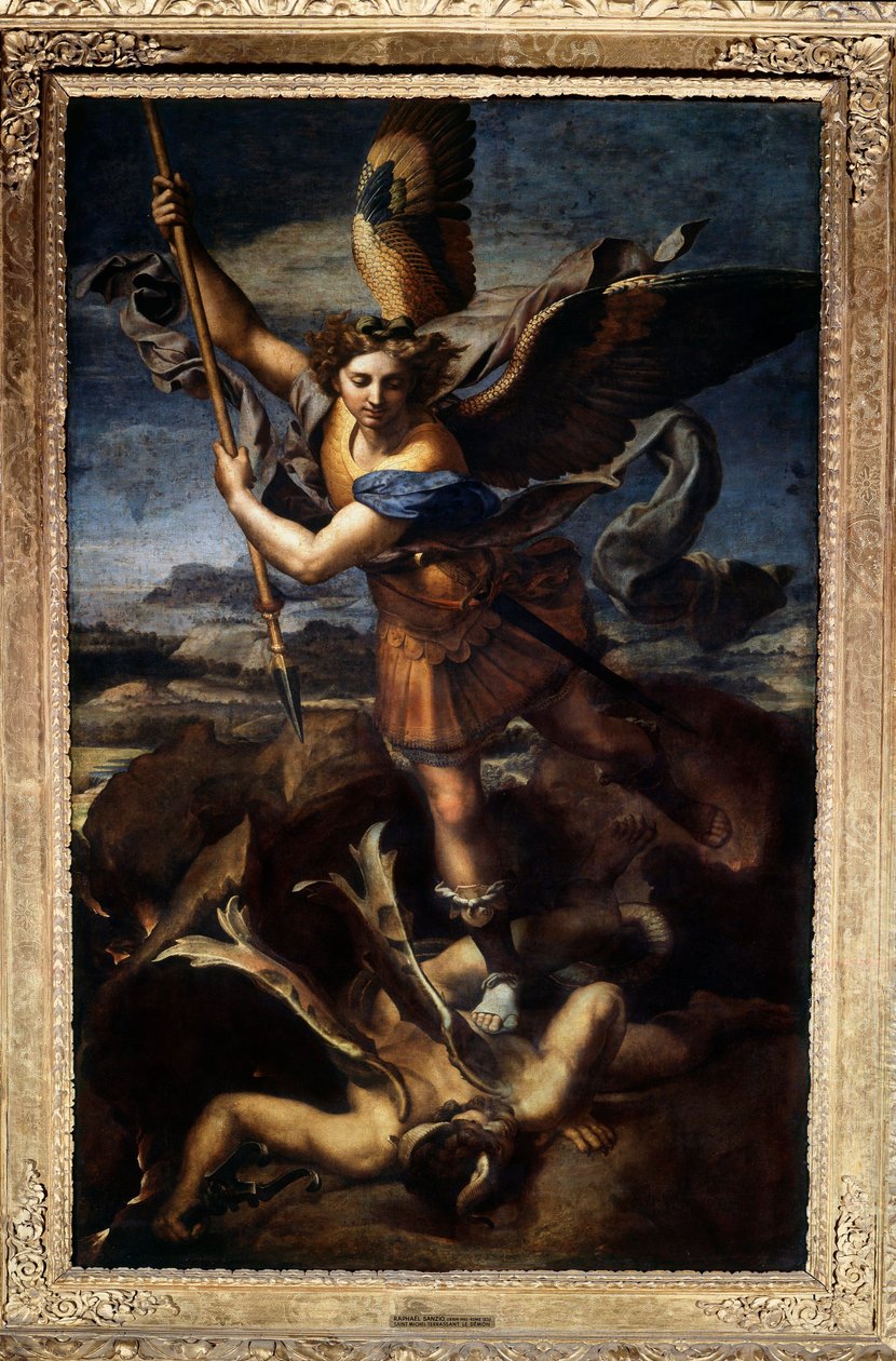 Szent Mihály legyőzi a sárkányt vagy a nagy Szent Mihály Raffaello Sanzio dit Raphael (1483-1520) festménye 1518. V 2,68x1,6 m Paris musee du Louvre alkotó: Raphael