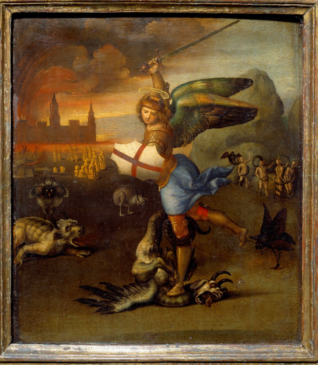 Szent Mihály és a sárkány kb.1505 Raffael (1483-1520/olasz) Olaj, fatábla – „” Saint Michel terrassant the dragon””” Raffaello Sanzio (Raphael) festménye (1483-1520) 1505 V. 0,29x0,25 m alkotó: Raphael