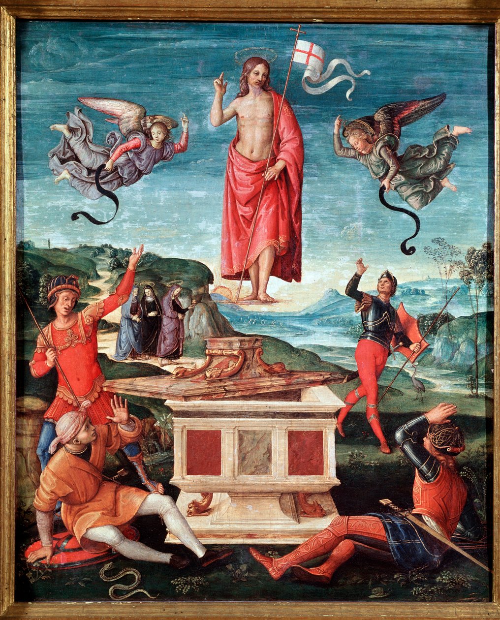 A feltámadás (Krisztus feltámadása) Jézus Krisztusnak van egy botkeresztje, melynek végén fehér zászló (standard) lebeg, vörös kereszttel - Raffaello Sanzio dit Raphael (1483-1520) festménye 1501-1502 Méret 52x44 cm Sao Paulo, Művészeti Múzeum alkotó: Raphael