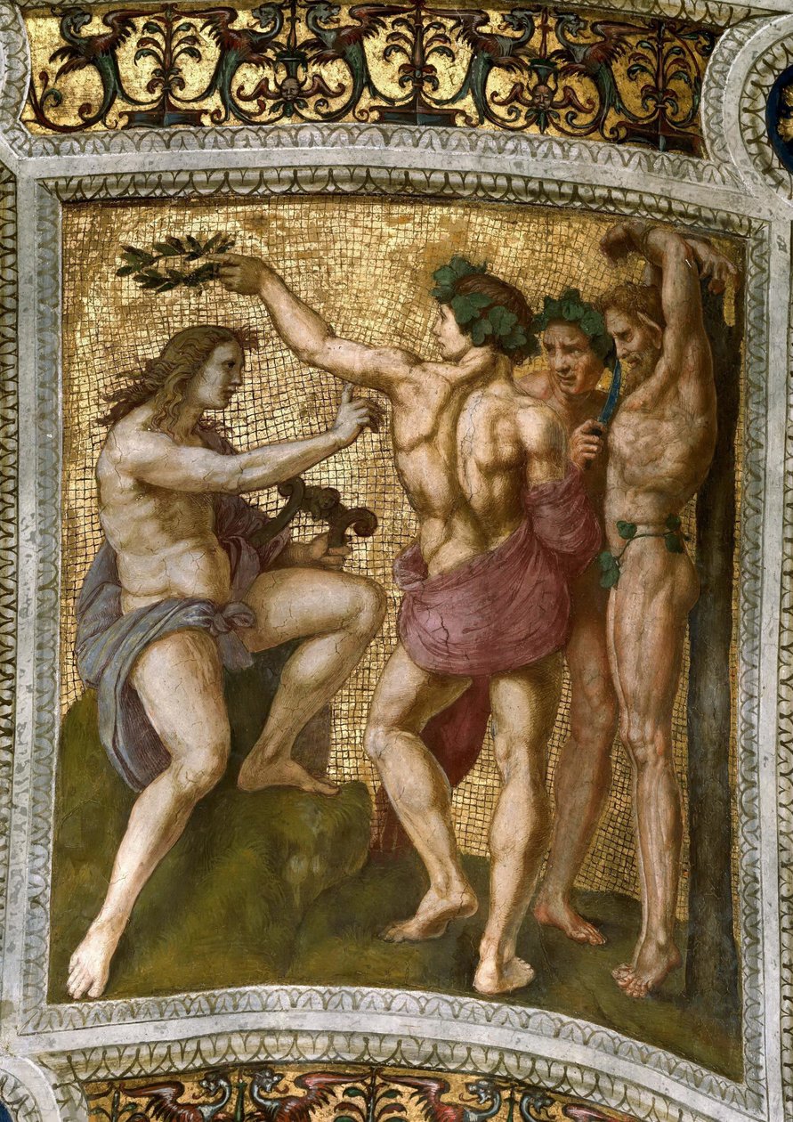 Marsyas és Apollo. Mennyezeti freskó a Stanza della Segnaturában, kb. 1510-1511. alkotó: Raphael