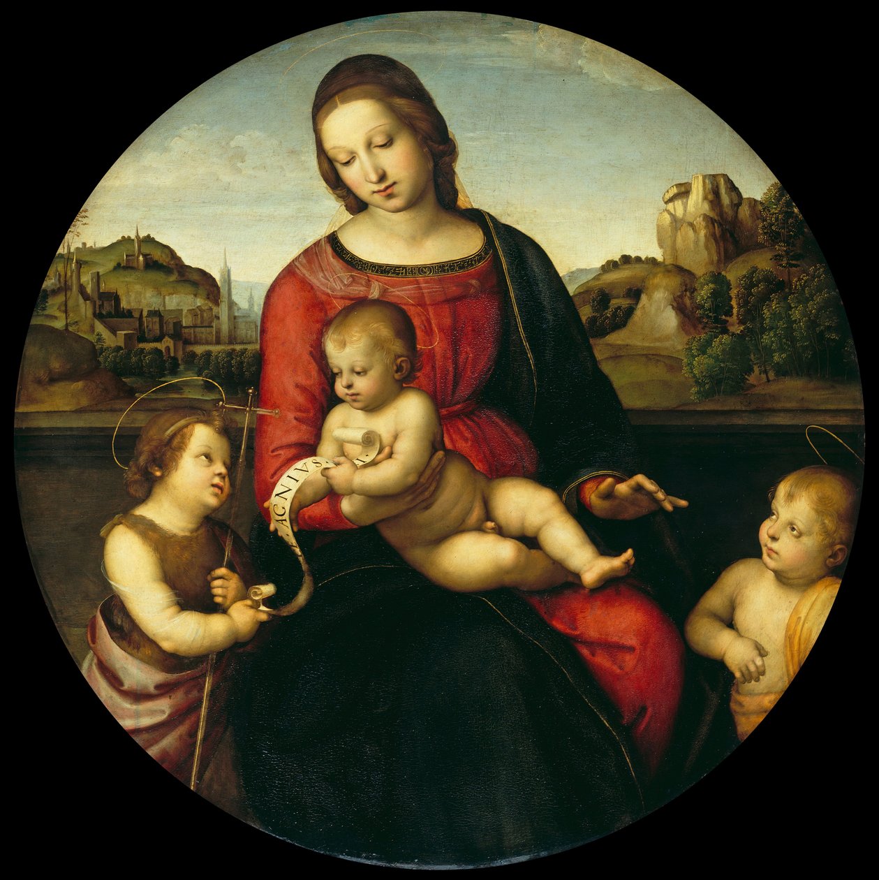 Mária a gyermekkel, Keresztelő János és egy szent fiú Madonna Terranuova, c. 1505 alkotó: Raffaello Sanzio Raphael