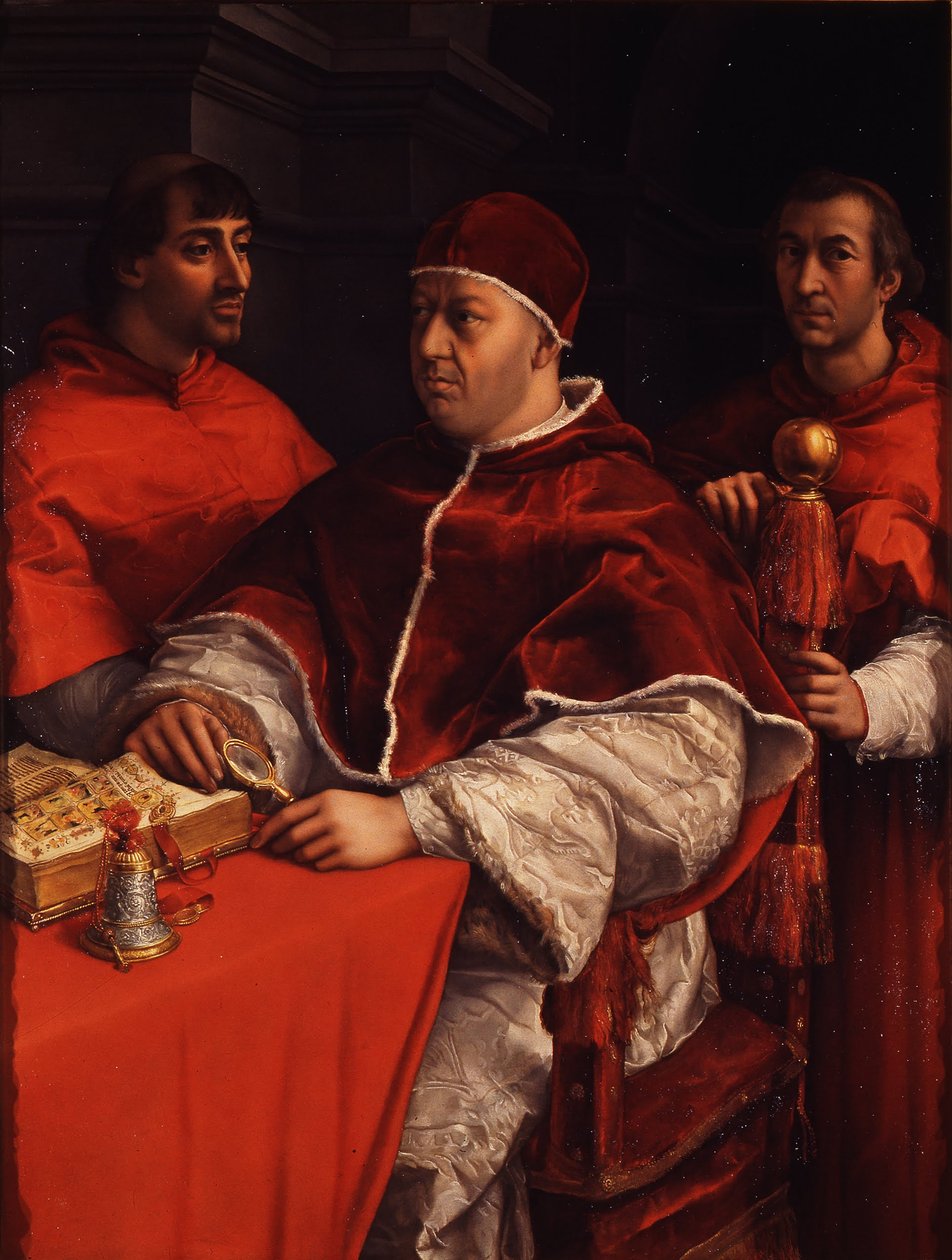 X. Leó pápa portréja Giulio de Medici és Luigi de Rossi bíborosokkal, 1518 körül alkotó: Raffaello Sanzio Raphael