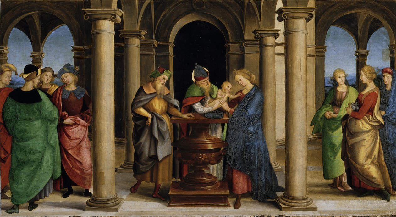Bemutató a Temple Predella-ban, az Oddi-oltár táblája, 1503. alkotó: Raphael
