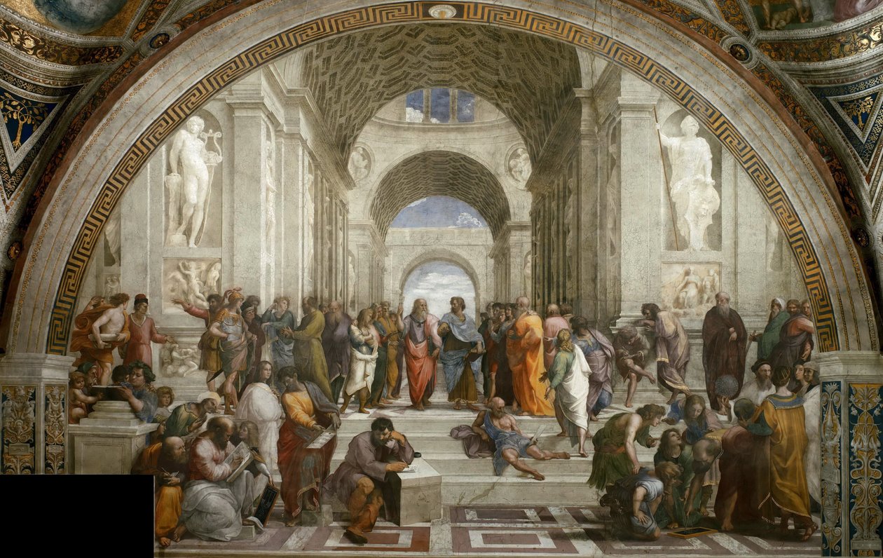 Az athéni iskola. Freskó a Stanza della Segnaturában, kb. 1510-1511. alkotó: Raphael
