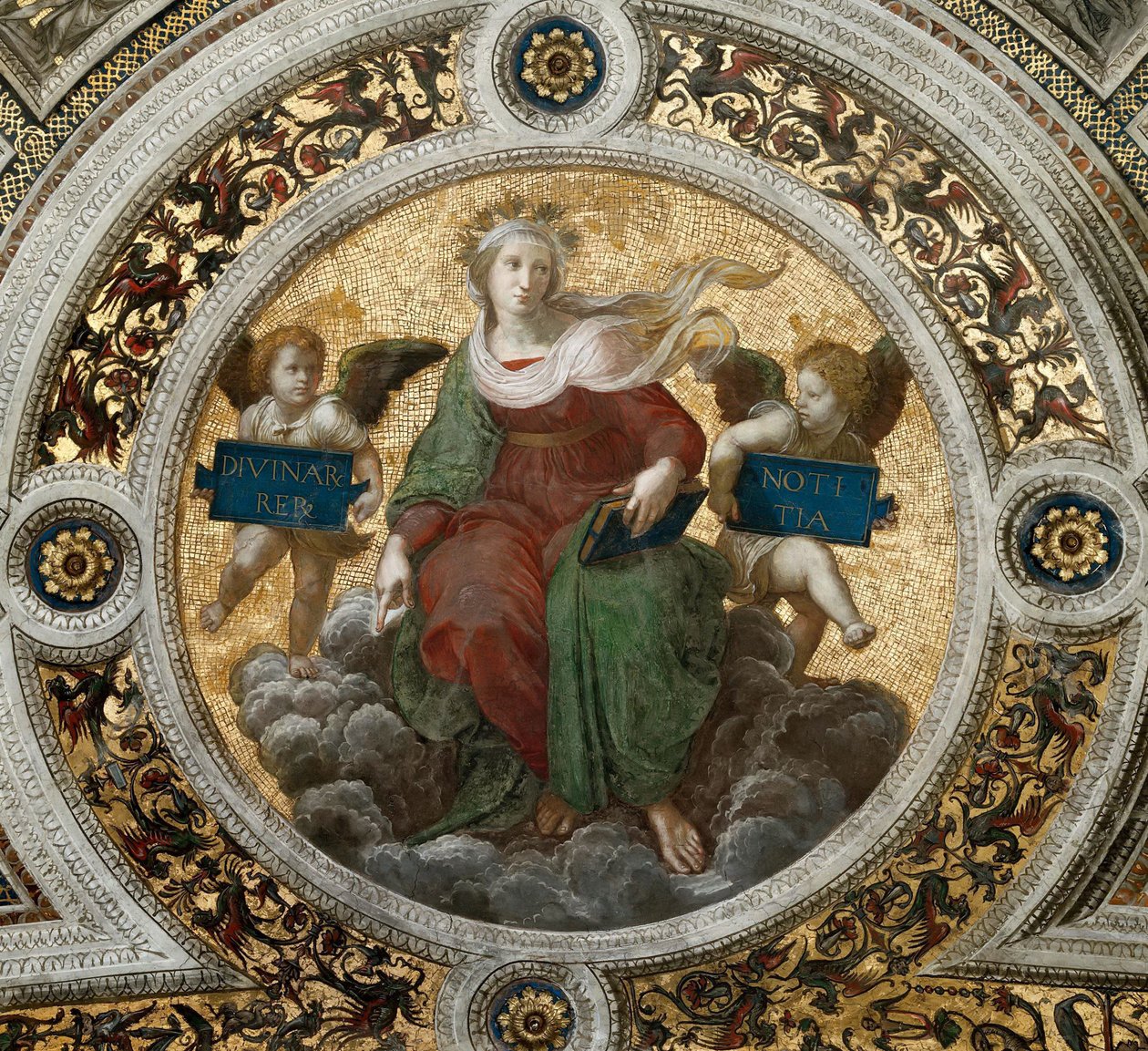 Teológia. Mennyezeti freskó a Stanza della Segnaturában, kb. 1510-1511. alkotó: Raphael