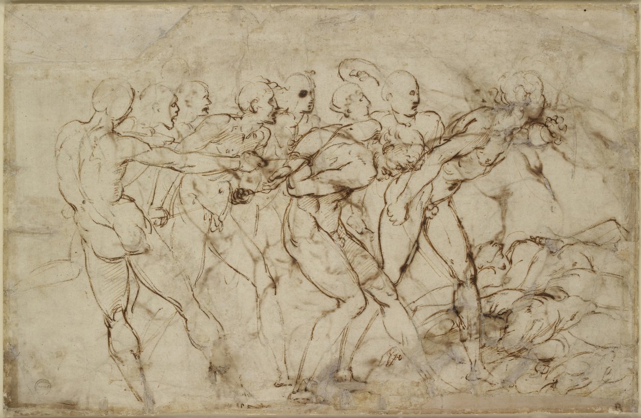 Meztelen harcosok csatája foglyokkal, WA1846.179 (toll és barna tinta fekete krétán) alkotó: Raffaello Sanzio Raphael