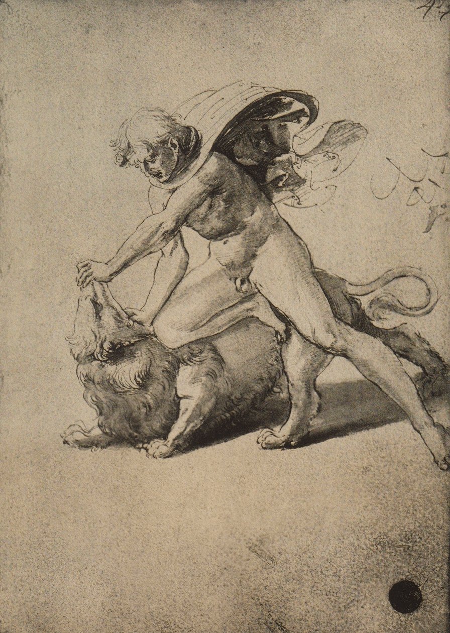 Sámson harcol az oroszlánnal; Raphael rajza. Gallerie dellAccademia, Velence alkotó: Raffaello Sanzio Raphael