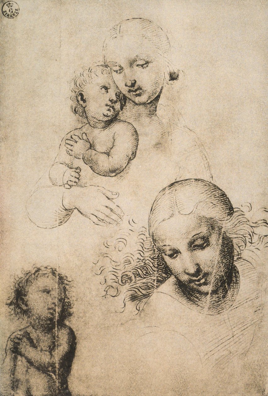 Tanulmány egy Madonnának és Gyermeknek, Raffaello Sanzio rajza. Rajzok és nyomatok kabinetje, Uffizi Galéria, Firenze alkotó: Raffaello Sanzio Raphael