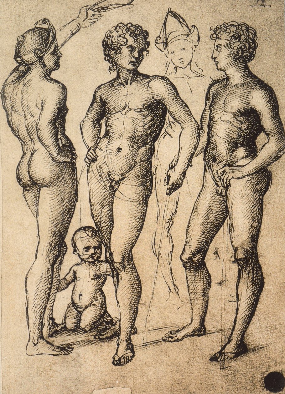 Négy férfialak és egy baba tanulmányozása; Raphael rajza. Gallerie dellAccademia, Velence alkotó: Raffaello Sanzio Raphael