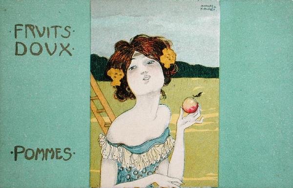 „Alma, édes gyümölcsök”, képeslap, 1900 körül (litho) alkotó: Raphael Kirchner