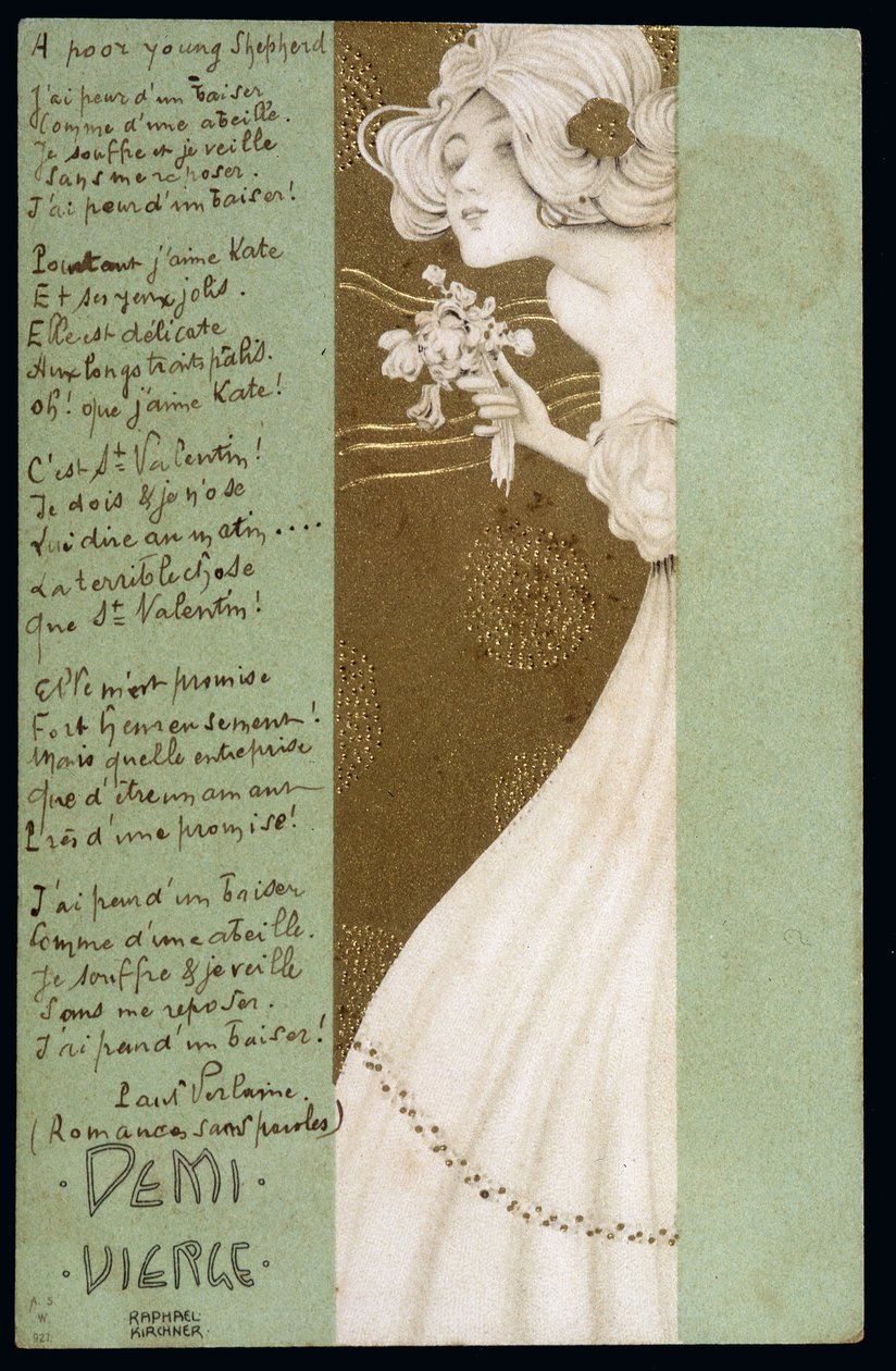 Félszűz és Paul Verlaine verse - képeslap, Raphael Kirchner (1876-1917), XX. század eleje alkotó: Raphael Kirchner