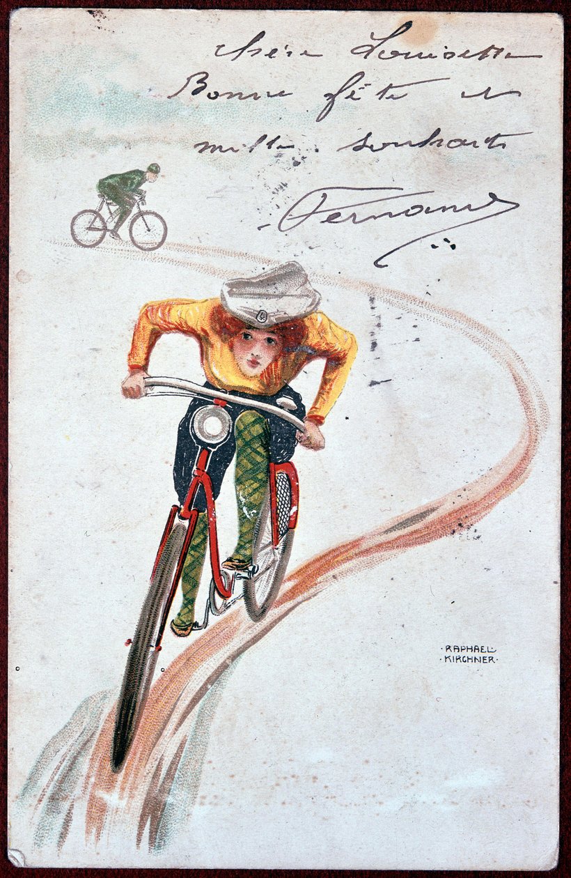 Kerékpáros nő képeslapja – R. Kirchner rajza, c. 1900. alkotó: Raphael Kirchner