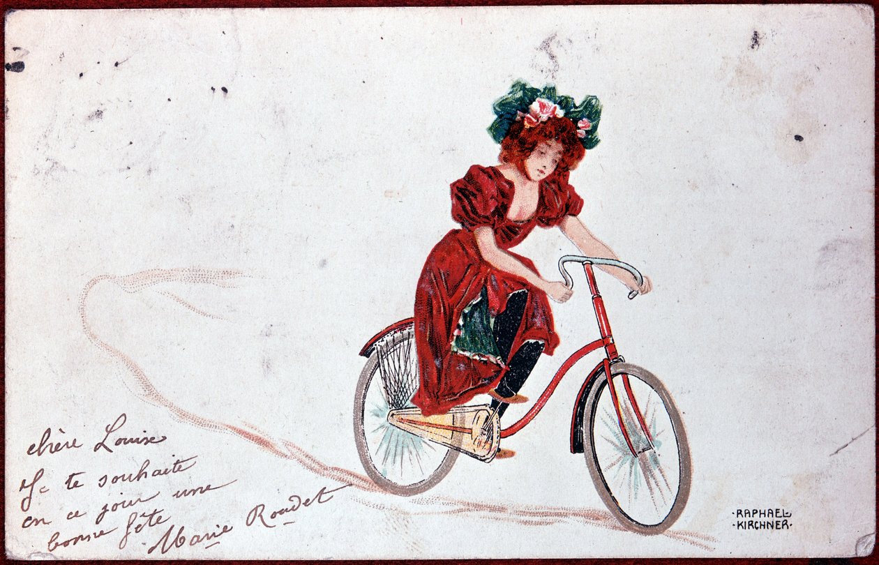 Képeslap egy kerékpáros nőről - R. Kirchner illusztrációja, 1900. év alkotó: Raphael Kirchner