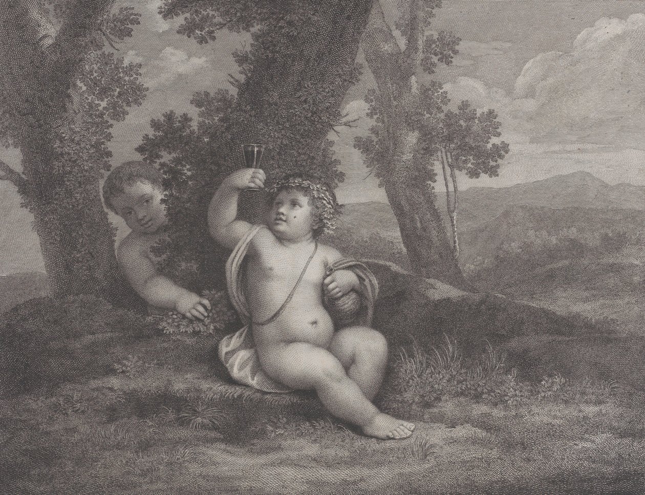 A csecsemő Bacchus egy fa alatt ül, feltart egy borospoharat, mögötte egy másik csecsemő..., 1780 alkotó: Raphael Morghen