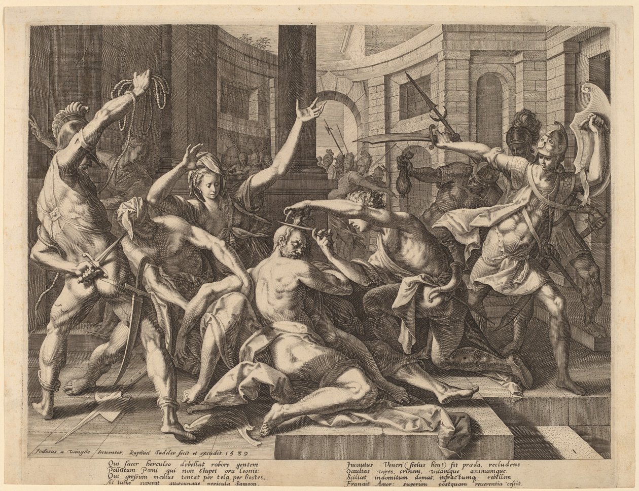 Delila levágja Sámson haját, 1589. alkotó: Raphael Sadeler