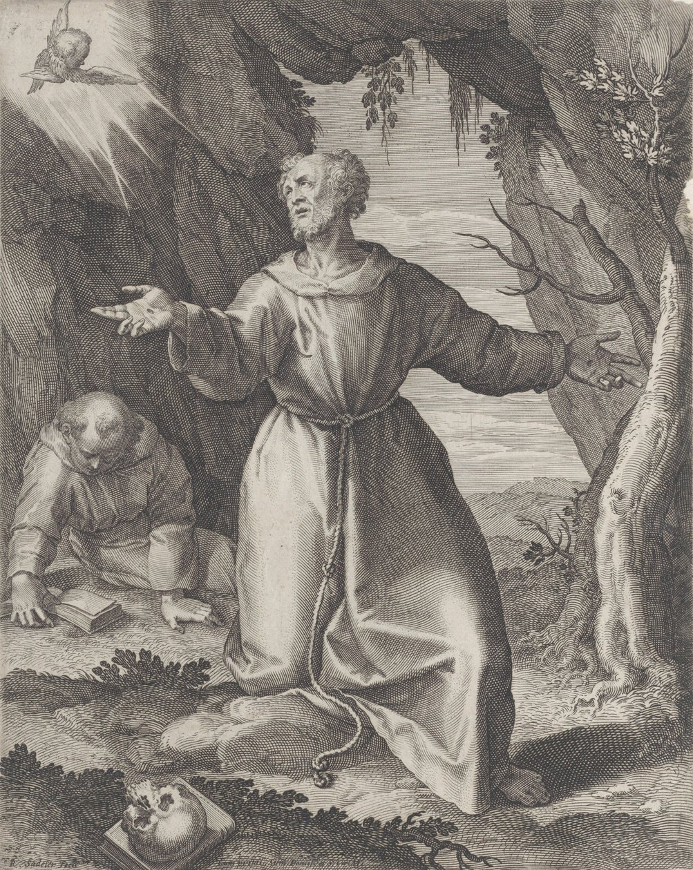 Szent Ferenc kitárt karral térdel, a bal felső sarokban egy kerub felé néz,..., 1599. alkotó: Raphael Sadeler