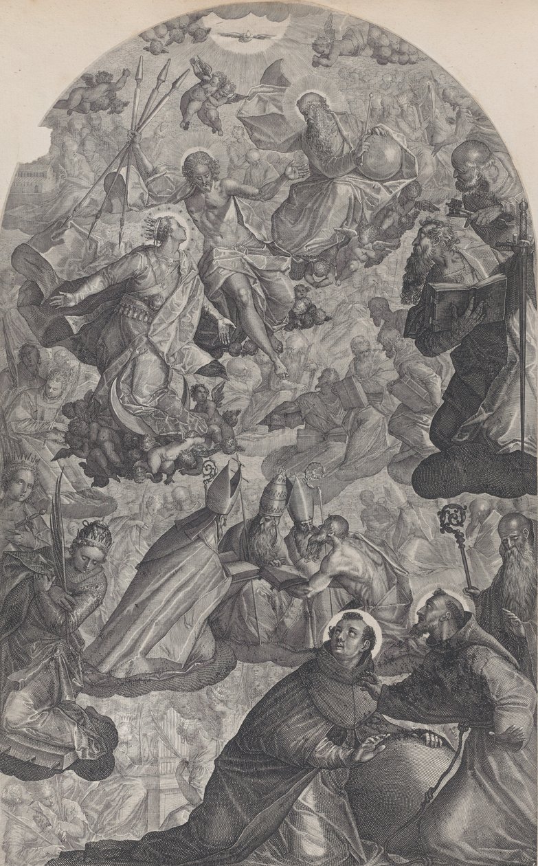 Szent Domonkos látomása, középen az Atya Istennel és Krisztussal, Szűz stan..., 1607. alkotó: Raphael Sadeler II