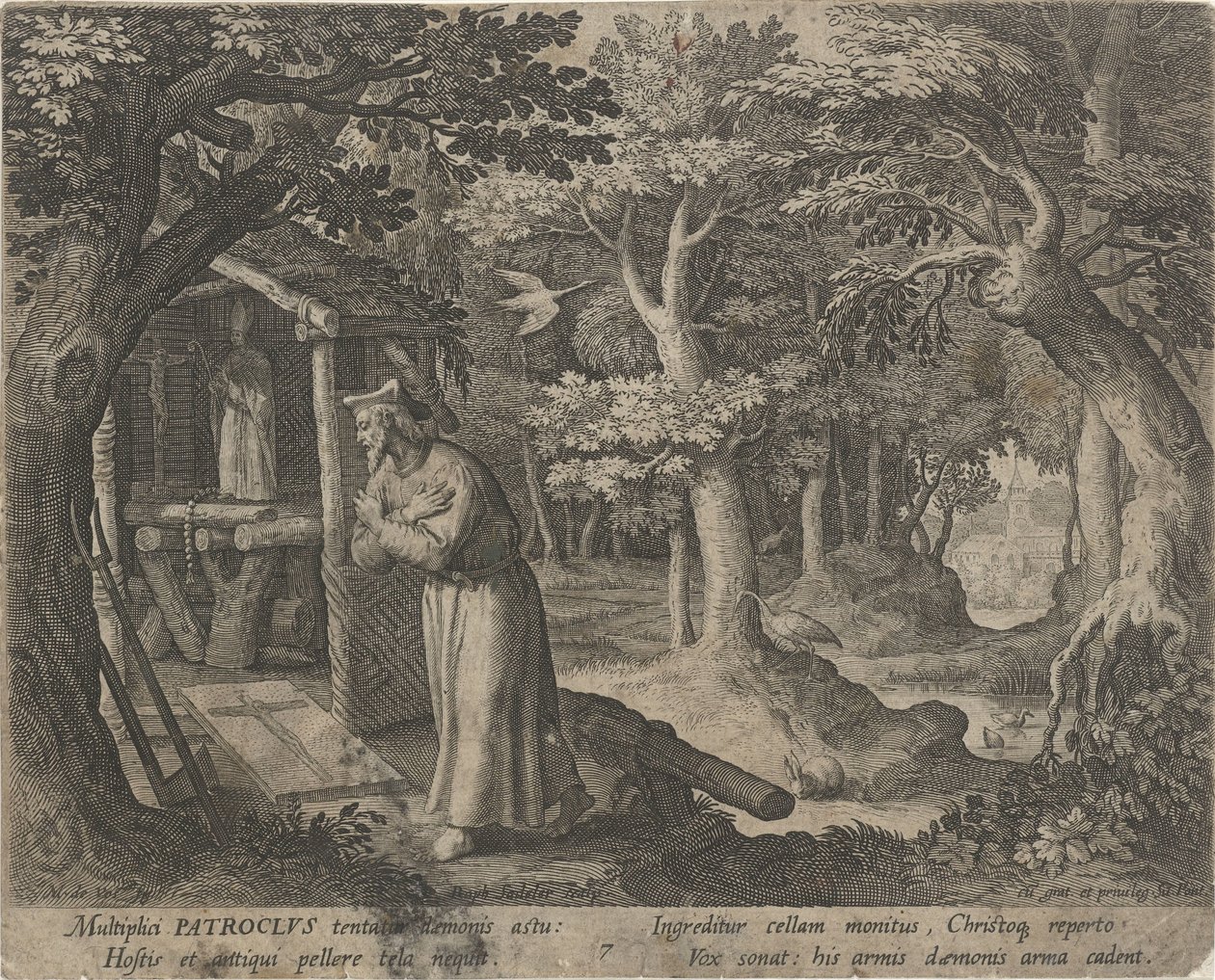 Nérisi Szent Patroklosz mint remete Remeték erényes élete (sorozat címe) Trophaeum vitae solitariae (sorozat címe) alkotó: Raphaël Sadeler (I)
