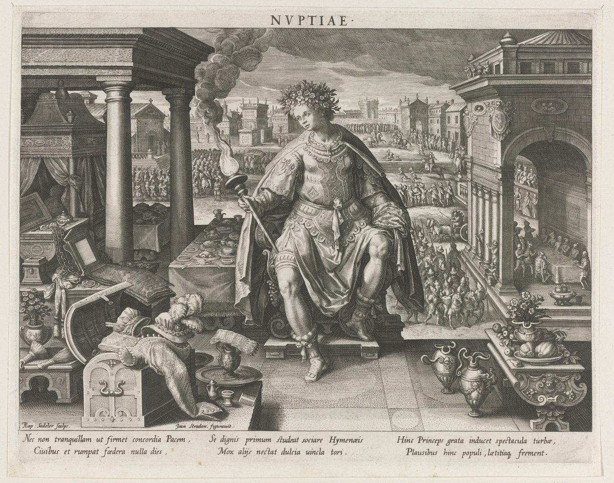 Nuptiae, mint a házasság megszemélyesítése Nvptiae (cím az objektumon) Egy herceg fő tevékenységei (sorozat címe) Schema, seu speculum principum (sorozat címe) alkotó: Raphaël Sadeler (I)