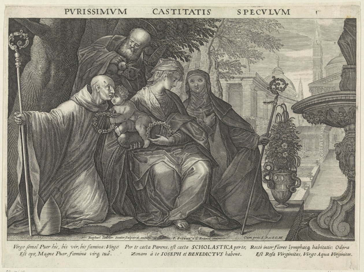 Szent Család Szent Benedekkel és Szent Scholastikával A tisztaság tükre Pvrissimvm Castitatis Specvlvm (cím az objektumon) Az engedelmesség, a tisztaság és a szegénység tükrei (sorozat címe) alkotó: Raphaël Sadeler (II)