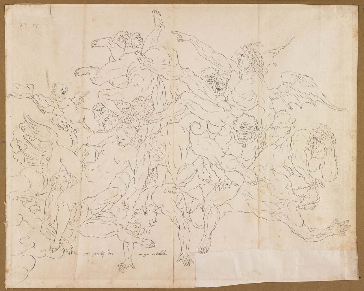 Részlet a Fall of the Rebel Angels tollról és fekete tintáról papíron alkotó: Raymond Lafage