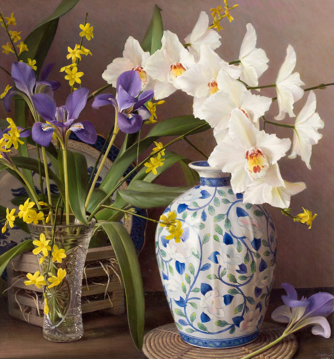 Orchidea japán vázával (olaj, tábla) alkotó: Raymond Booth