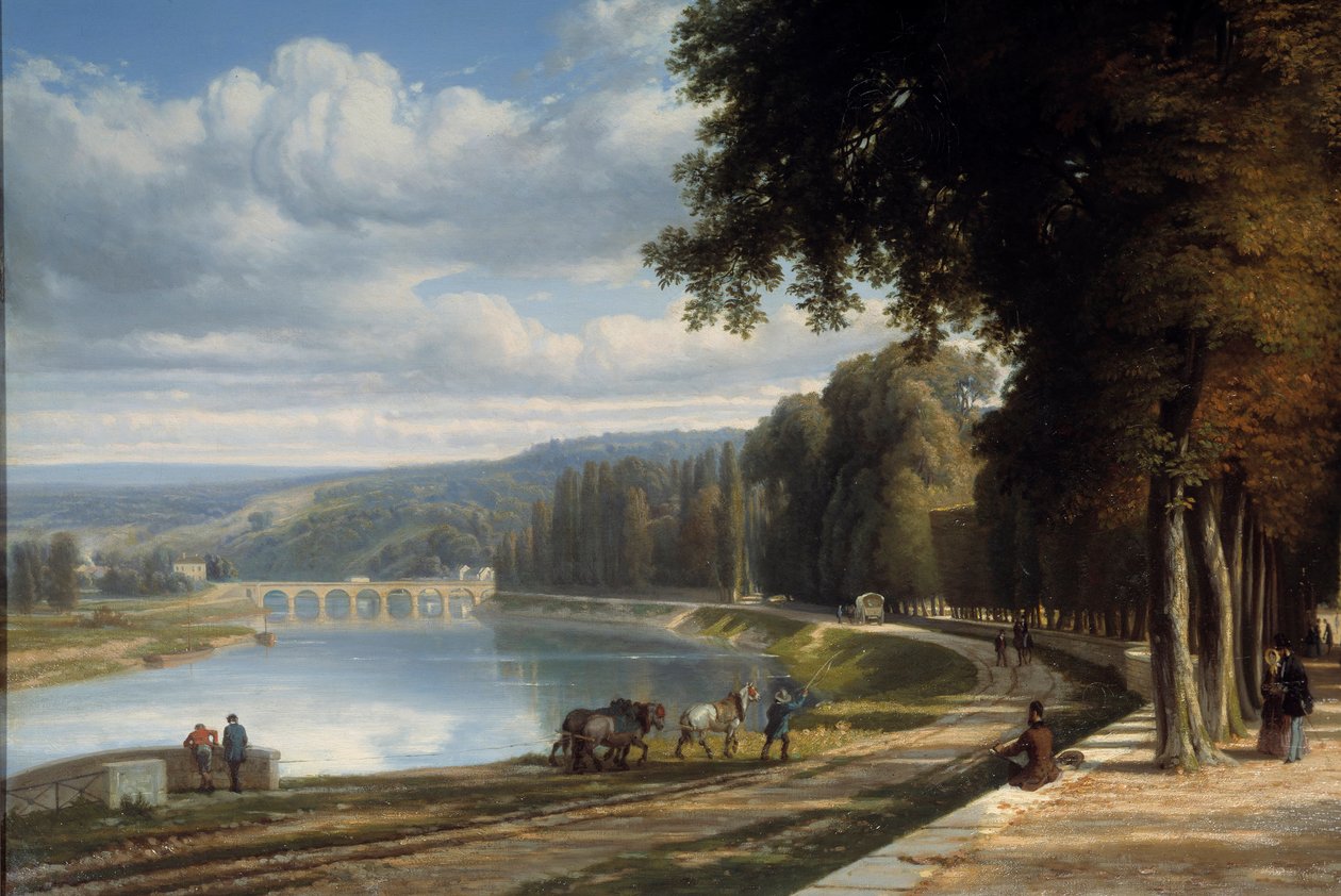 Sétáljon a Parc de Saint Cloud Detail-hoz a Szajna partján, lovak a vontatóúton. Raymond Esbrat (1809-1856) festménye 1850 Roanne. Joseph Dechette Múzeum alkotó: Raymond Esbrat