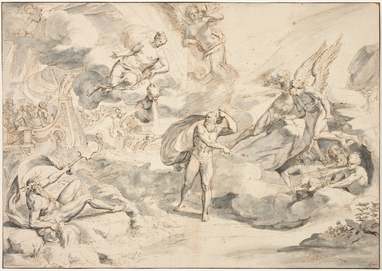 Aeolus engedelmeskedik a Junos parancsnak, hogy hozzon létre egy vihart, 1683-84 körül (toll és tinta mosással a papíron) alkotó: Raymond Lafage