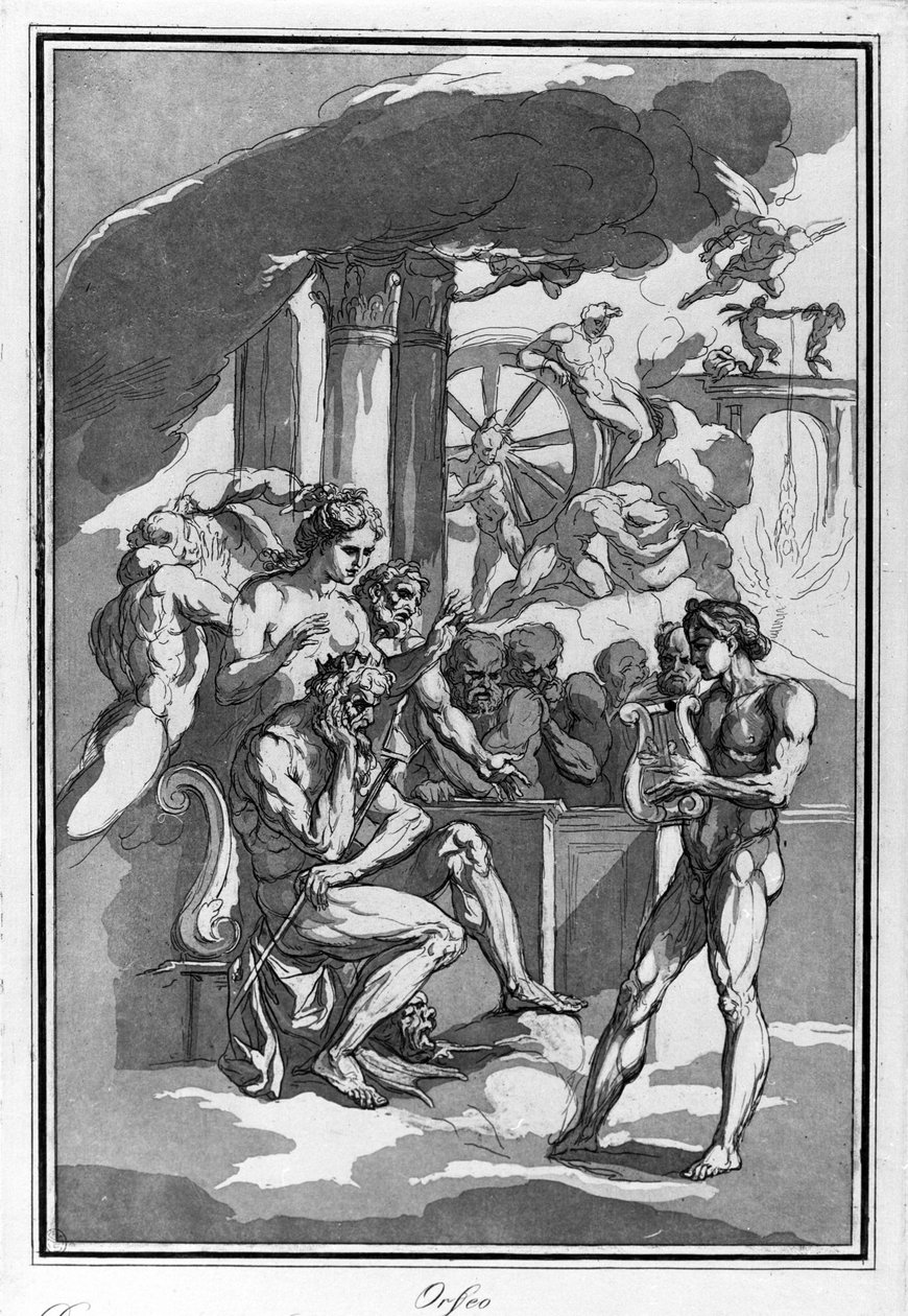 Orpheus az alvilágban feleségét, Euridikét kéri Minosztól. Raimondo La Fage akvarellrajza. alkotó: Raymond Lafage