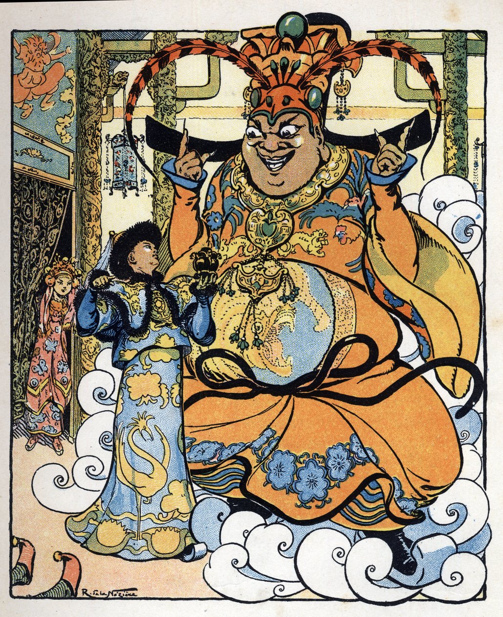 Aladdin, Badroulboudour hercegnő és a dzsinn az afrikai varázsló teste előtt: illusztráció az "Aladin vagy a csodálatos lámpa" című meséhez az "Ezeregyéjszaka"-ból. alkotó: Raymond de la Neziere