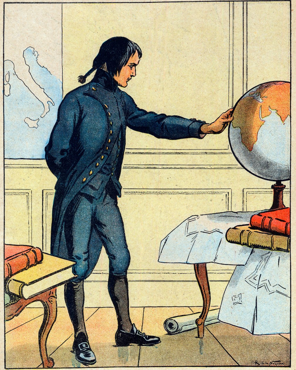 Bonaparte Napóleon (1769-1821) 19 éves korában a brienne-i iskolában egy földgömböt tanulmányoz, a "Nos-Gloires Nationales"-ból, 1920 körül (metszet). alkotó: Raymond de la Neziere