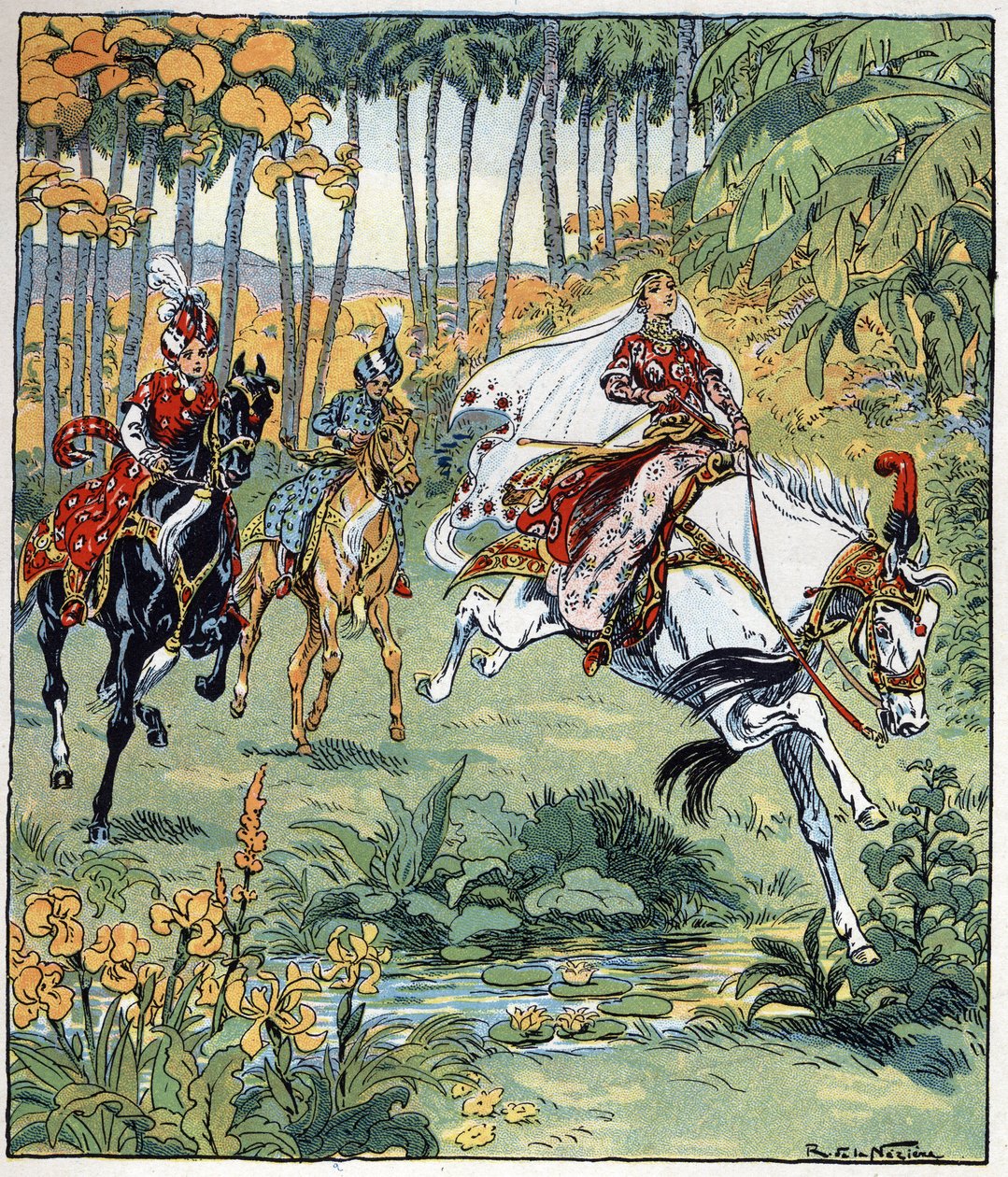 Parizade megelőzi testvéreit, Bahmant és Pervis-t a lóversenyben. Raymond de La Neziere (1865- 1953) illusztrációja a "Histoire des deux sœurs jealous de leur cadette" című meséhez a "Les mille et une nuits" (Les 1001 nuits ou Le mille e una notte, A alkotó: Raymond de la Neziere