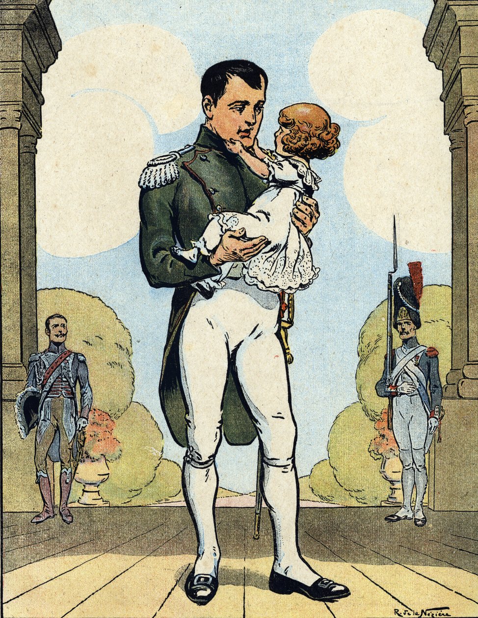 I. Napóleon császár (1769-1821) és fia, Aiglon (1811-1832) portréja (II. Napóleon római király, Reichstadt hercege) (I. Napóleon francia császár és fia, II. Napóleon) Raymond de Neziere illusztrációja a "Our-Glories-Nationales" 1920 DR Pri-ben. alkotó: Raymond de la Neziere