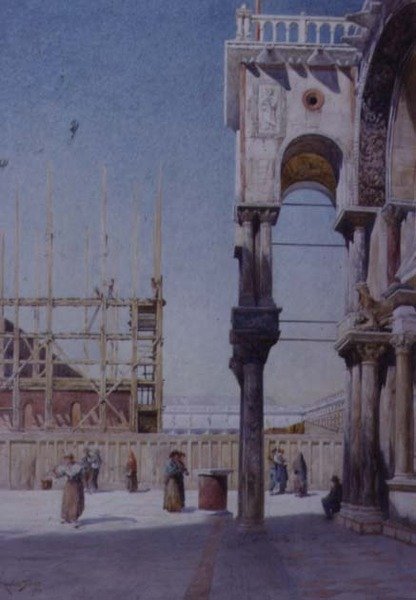 Kilátás a velencei Szent Márk templom oszlopcsarnokából, a Campanile újjáépítése, 1908 alkotó: Reginald Barratt