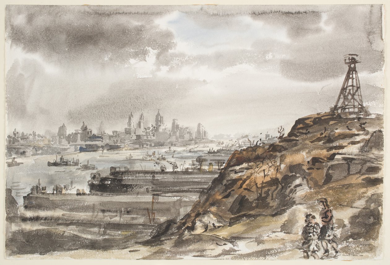 New York Weehawken felől (grafitra festett akvarell, papír) alkotó: Reginald Marsh