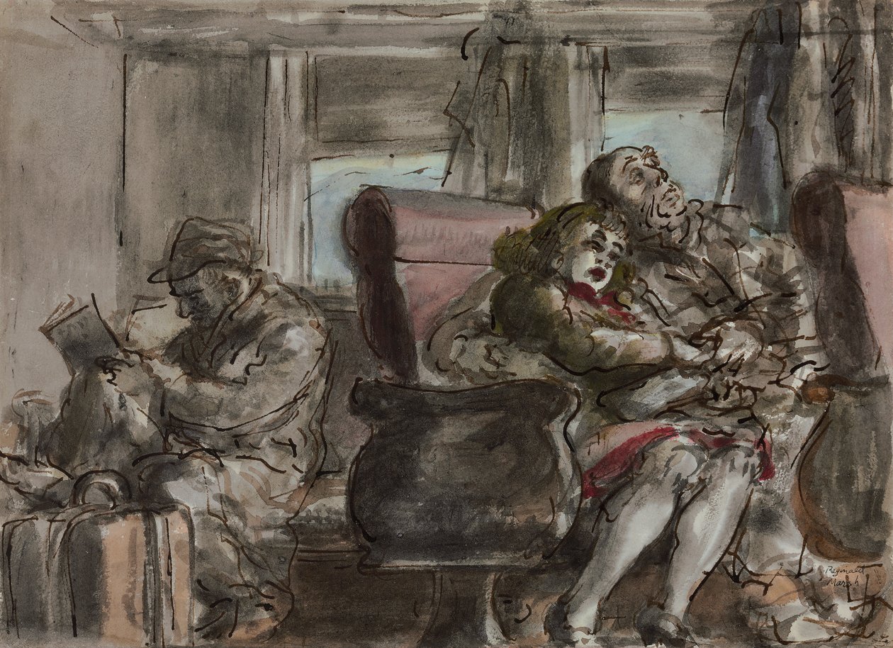 Utasok egy vasúti kocsiban (akvarell, tus és ceruza, papír) alkotó: Reginald Marsh