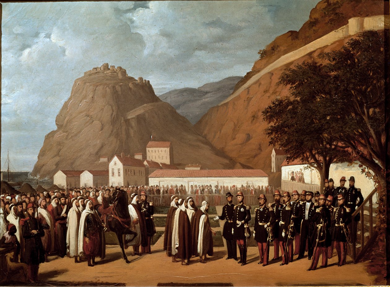 Algéria hódítása (1830-1847): Abd el Kader (Abd-el-Kader vagy ibn Muhyi al-Din al-Hasani (al Din al-Hasani) (1808-1883) behódolása Aumale hercegének és a franciáknak Armee 1847.12.24-én – Regis Augustin (1813-1880) 19. századi izom festménye alkotó: Regis Augustin