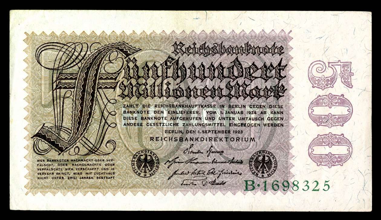 A Weimari Köztársaság papírmarka, az első világháború utáni hiperinflációs korszak (1921–24) alkotó: Reichsbankdirektorium Berlin