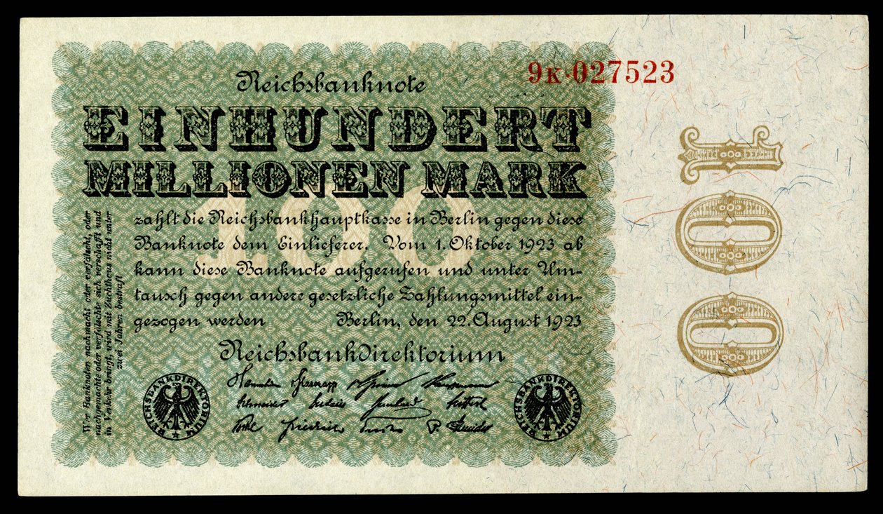 A Weimari Köztársaság papírjele, az első világháború utáni hiperinflációs korszak alkotó: Reichsbankdirektorium Berlin