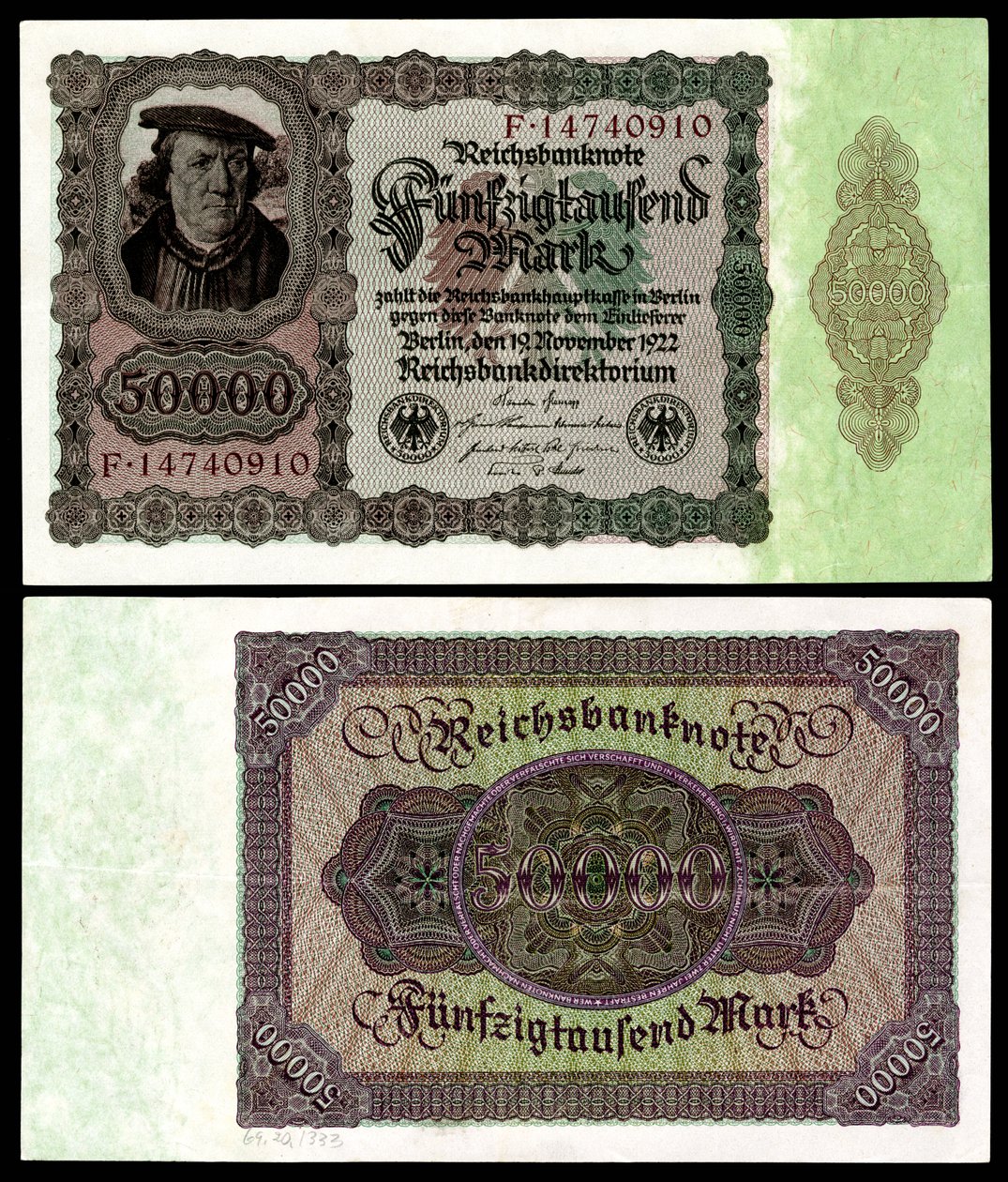 A Weimari Köztársaság papírjele, az első világháború utáni hiperinflációs korszak alkotó: Reichsbankdirektorium Berlin