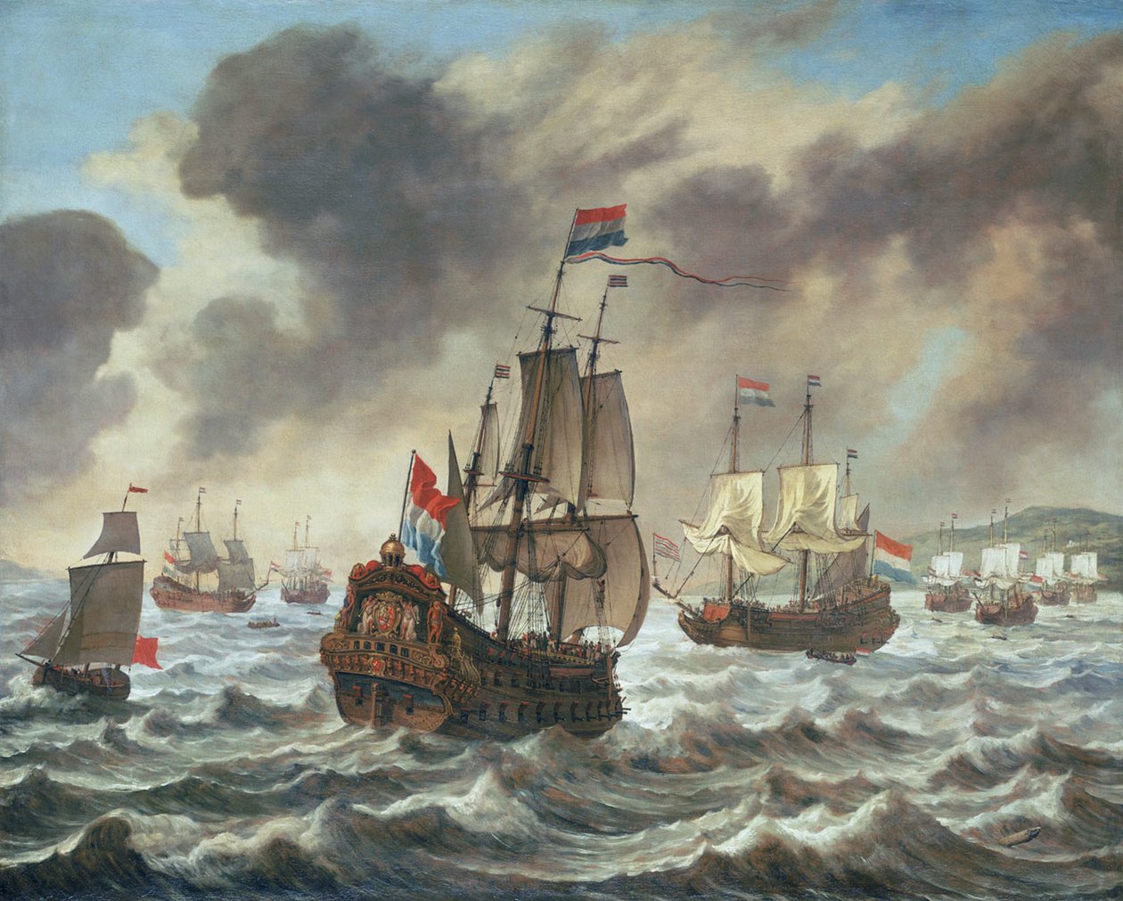 A bukók csatája előtt, 1639. október 21 -én, bemutatva Tromp zászlóshajóját, az „Amelia” -t alkotó: Reinier Nooms