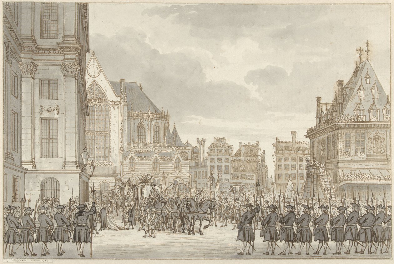V. Vilmos herceg és Frederica Sophia Wilhelmina porosz megérkezése a városházára a Dam téren Amszterdamban, 1768. május 30. alkotó: Reinier Vinkeles (I)